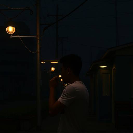 Image d'un court métrage étudiant : Une scène de nuit avec des éclairages artistiques.