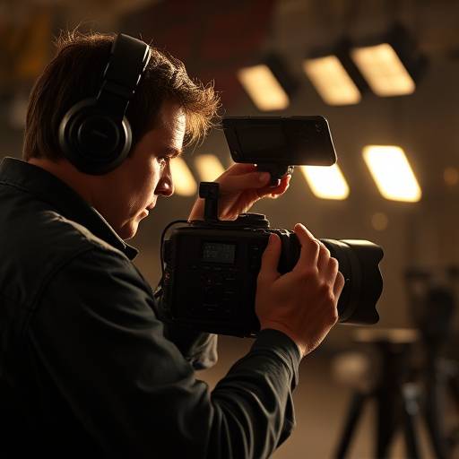 Photo de tournage : Le directeur de la photographie ajuste l'éclairage pour une scène.