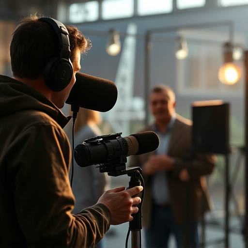 Photo de tournage : Un preneur de son enregistre les dialogues sur un plateau.
