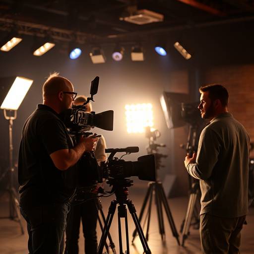 Photo de tournage : Une équipe de cinéma travaille sur un plateau avec une caméra et des lumières.